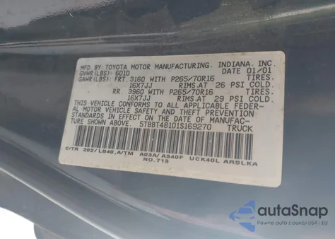 2001 Toyota Tundra Ltd V8 from USA, damaged, VIN 5TBBT48101S169270